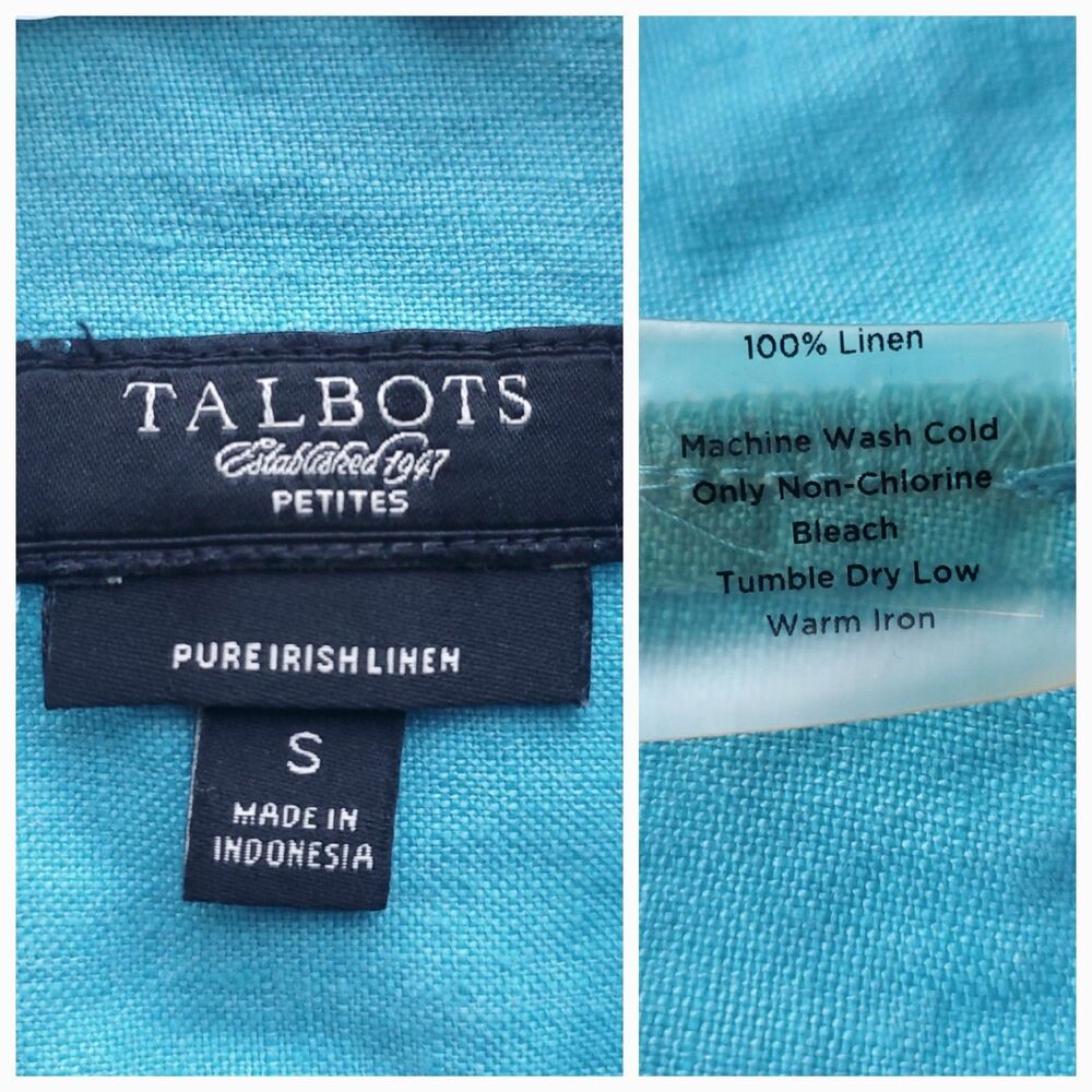 Talbots 100% Pure Irish Linen Top Petite Small Button Up 3/4 Sleeve Bright Blue - Picture 4 of 10